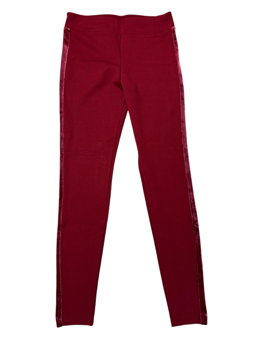Women's Time and Tru pair of burgandy skinny leggings with velvet stripes.